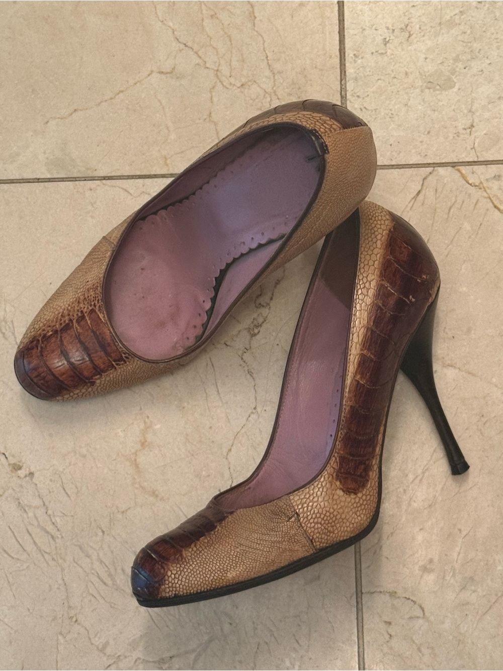 Italian Two-Tone Brown Snake-Embossed High Heel Pumps